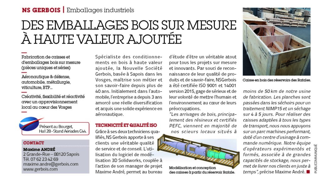 Publi reportage dans le dossier aero dans le magazine L'usine Nouvelle 30-05-20